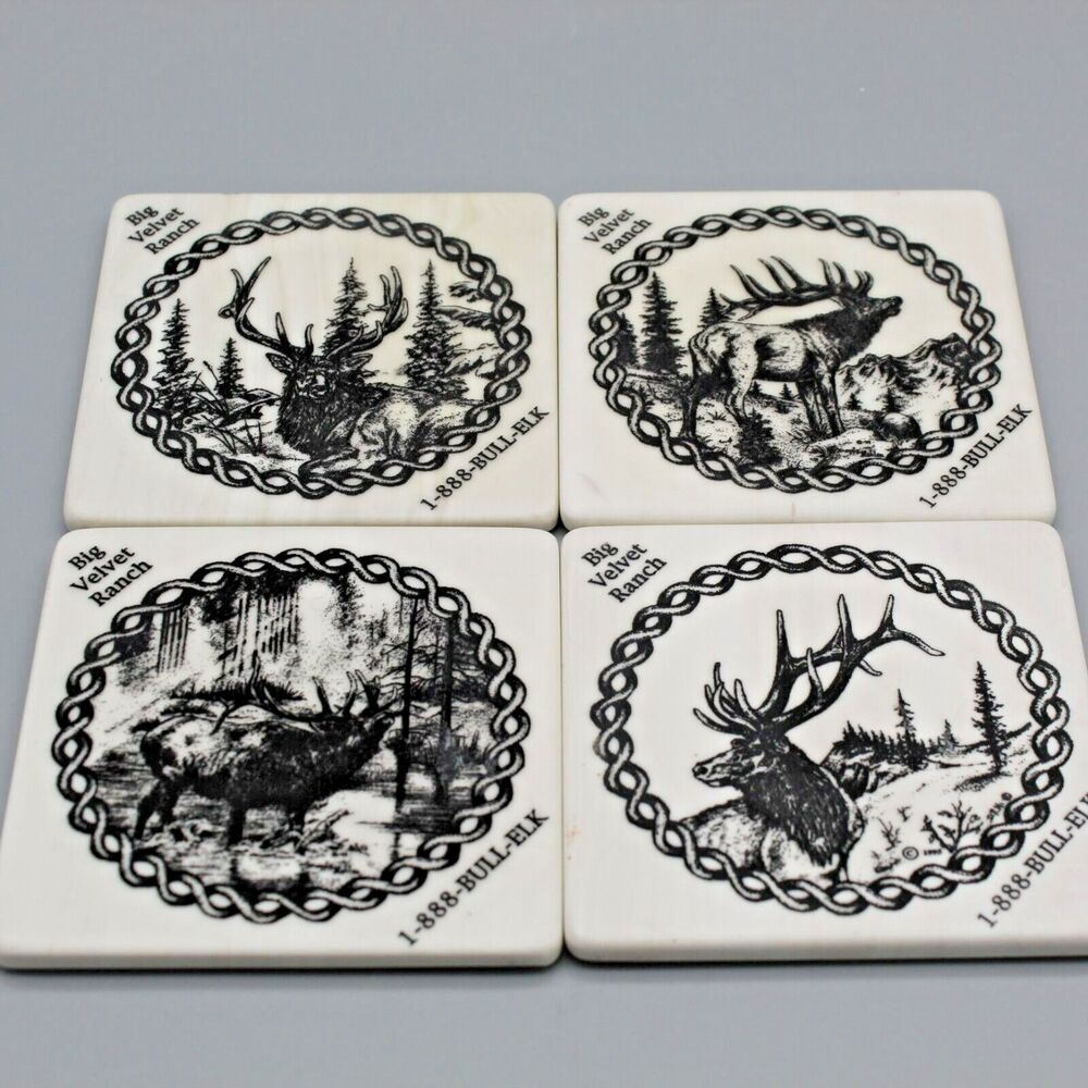 Big Velvet Ranch Montana Coasters Bull Elk Design Etched Vintage